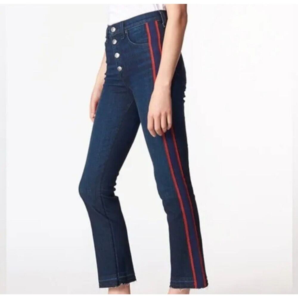 Veronica Beard‎ Carolyn Baby Boot Jeans Red Blue Stripe SZ 25 Hand Painted Flame
